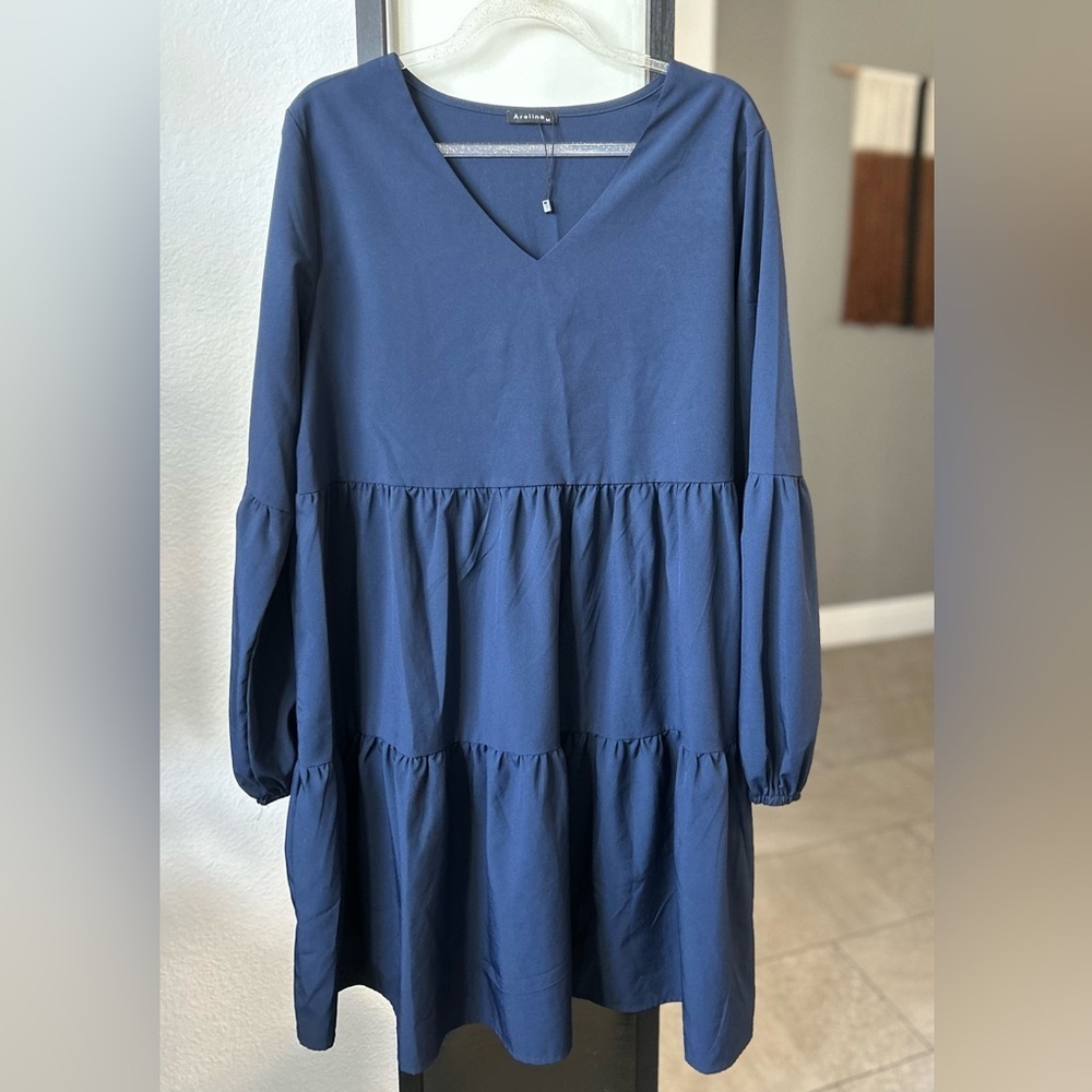 Navy Blue Tiered Babydoll Mini Dress Puff Sleeve Boho Cottagecore V Neck - Picture 4 of 14
